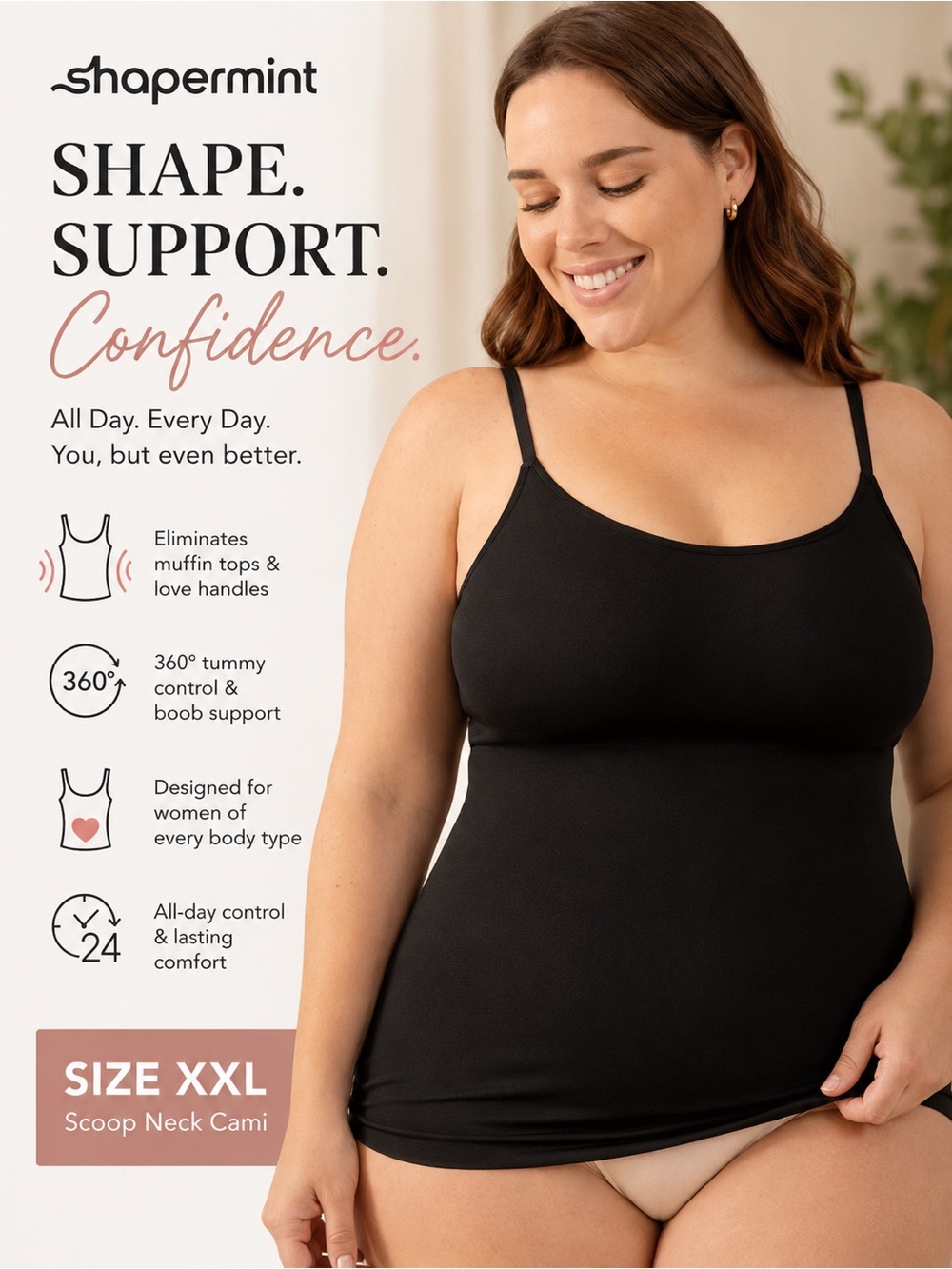 Shapermint Black Tummy Control All Day Every Day Scoop Neck Cami — XXL